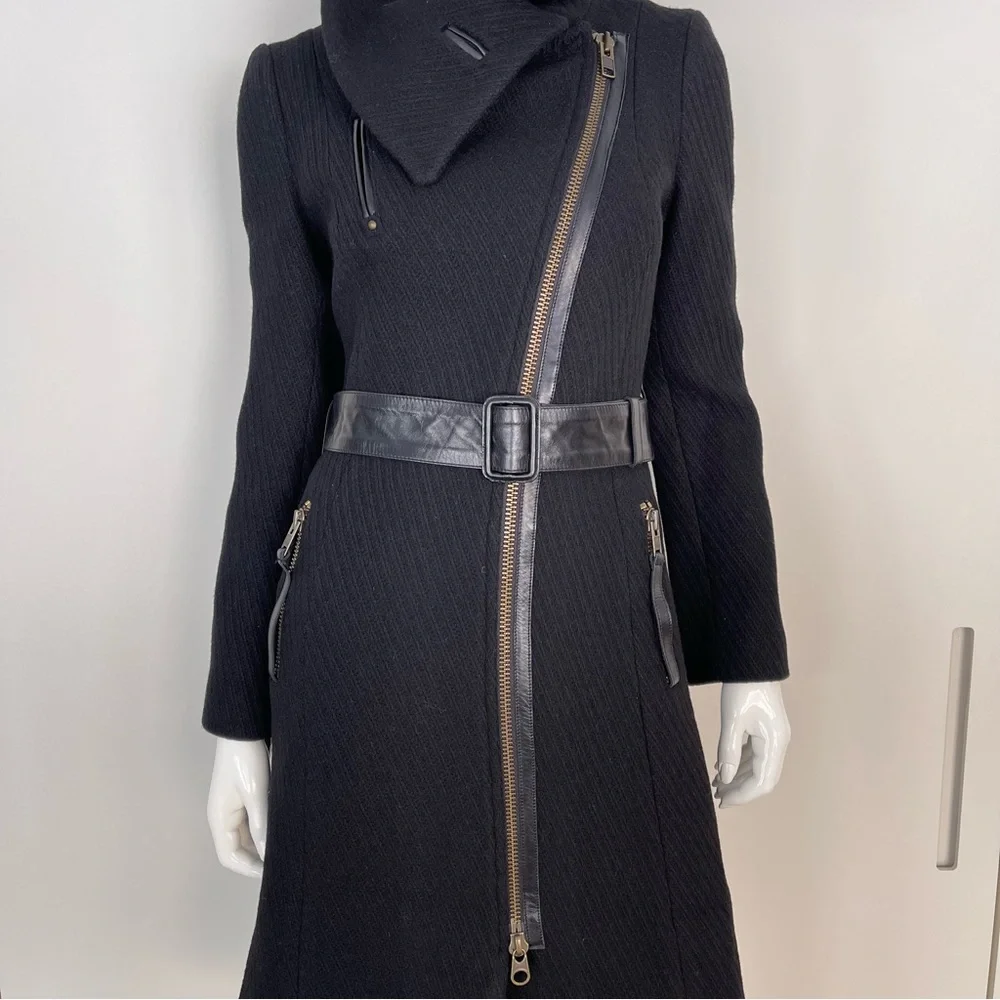MACKAGE Funnel Neck Asymmetrical Zip Belted Wool Coat in Black - Picture 6 of 12
